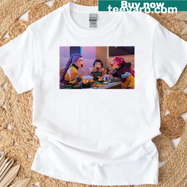 Kpop Demon Hunters t-shirt with whimsical graphic of demon hunters