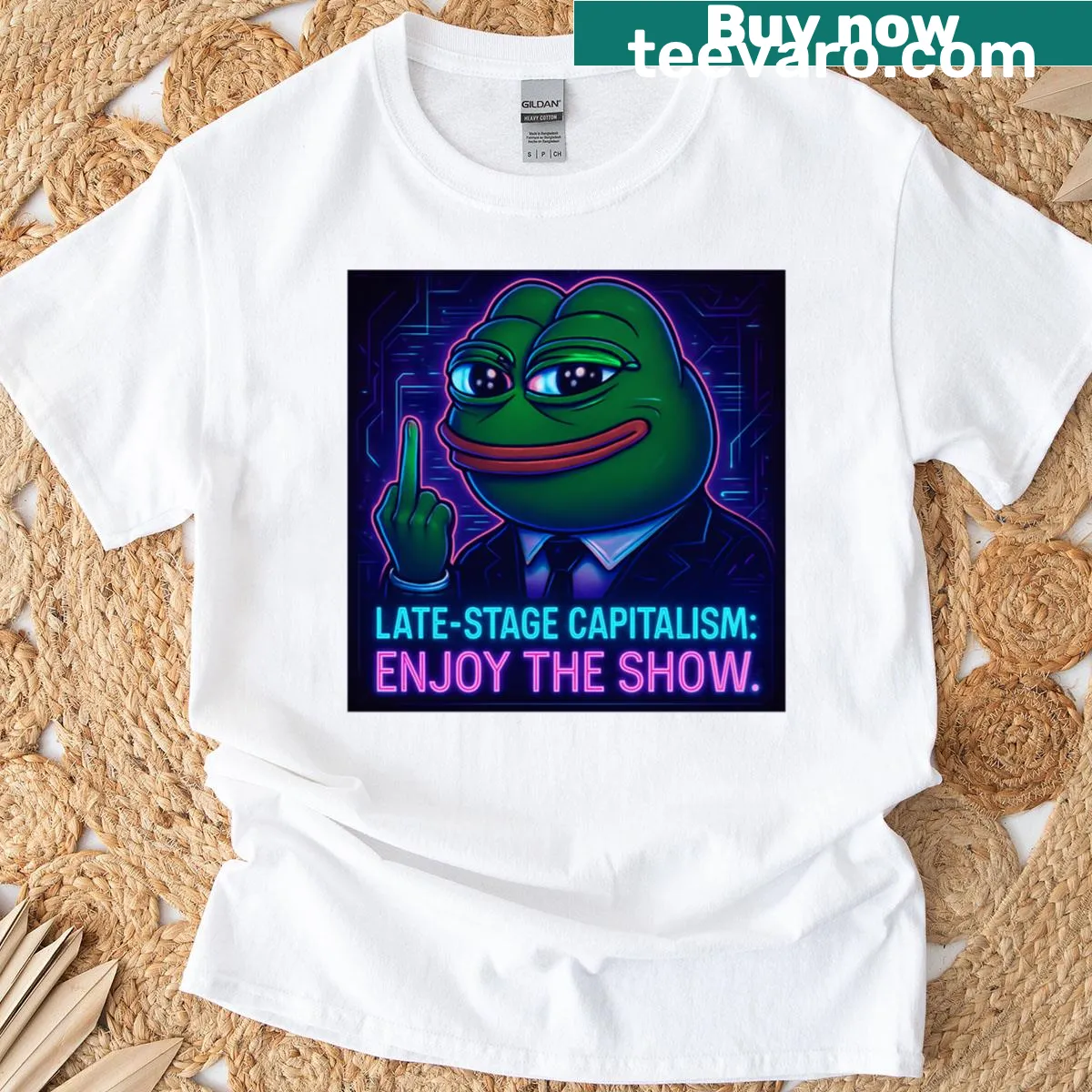 Oversized T-shirt with humorous text on late-stage capitalism — on a men's t-shirt