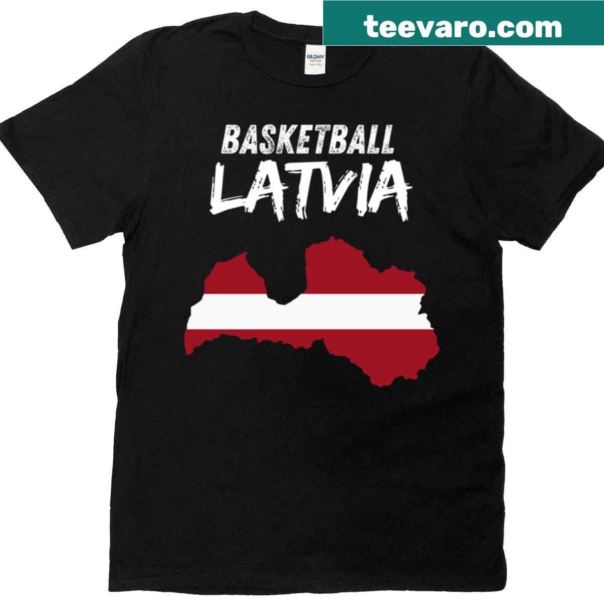 Oversized T-shirt with Latvia basketball national team flag colors — on a men's t-shirt