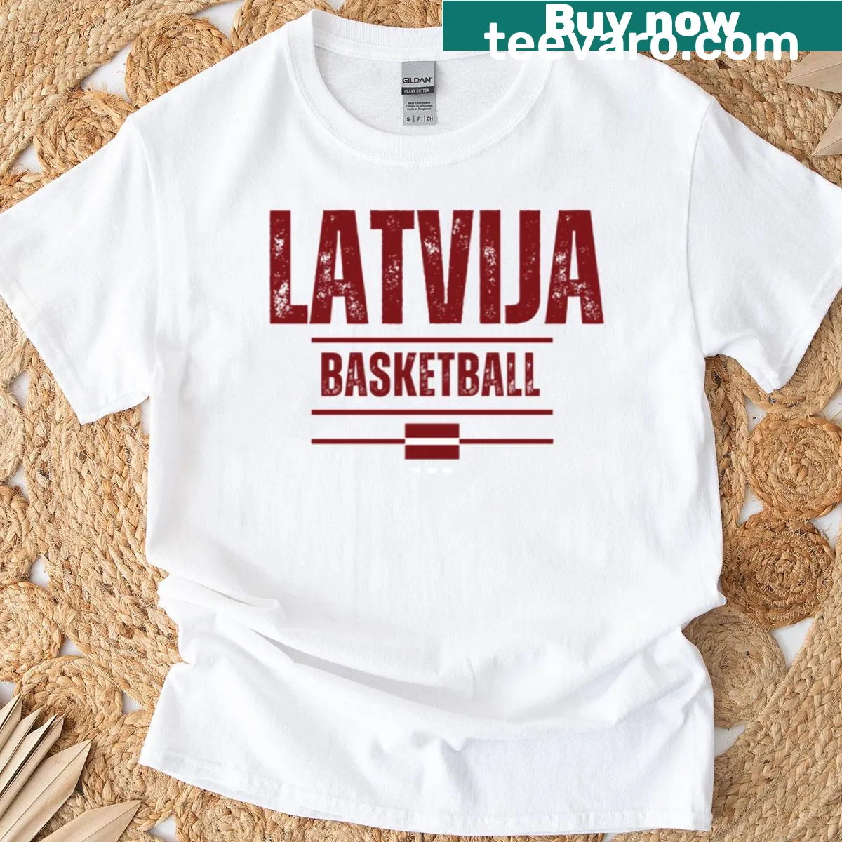 Latvija national basketball team t-shirt featuring the flag design — on a men's t-shirt