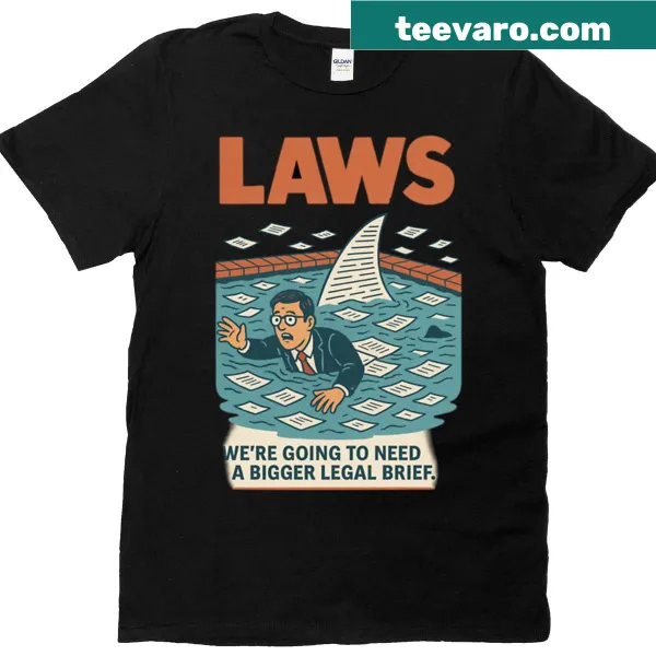 Typography T-shirt featuring 'Legal Sharks' graphic text.
