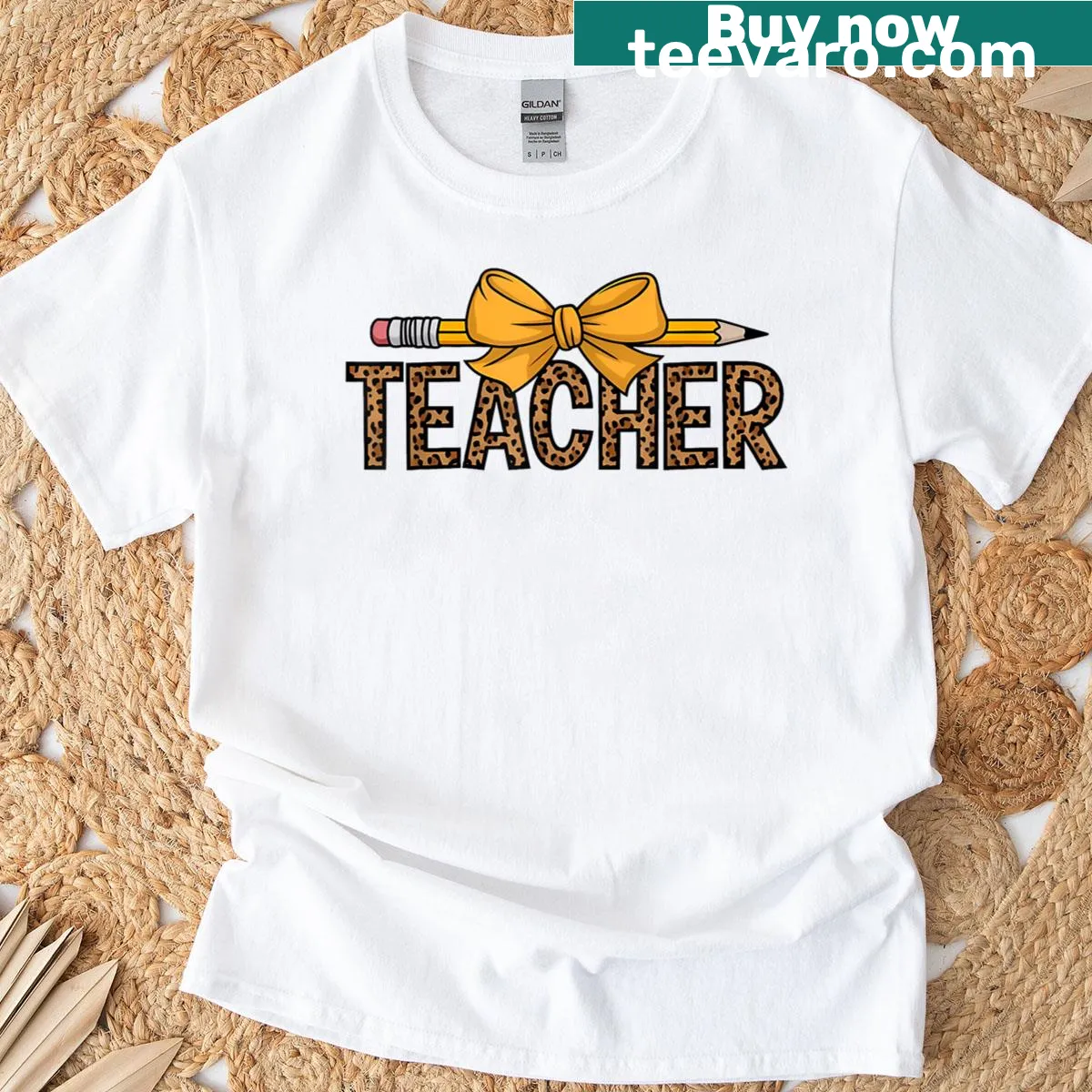 Cute T-shirt for teachers featuring a leopard with pencil and bow — on a men's t-shirt