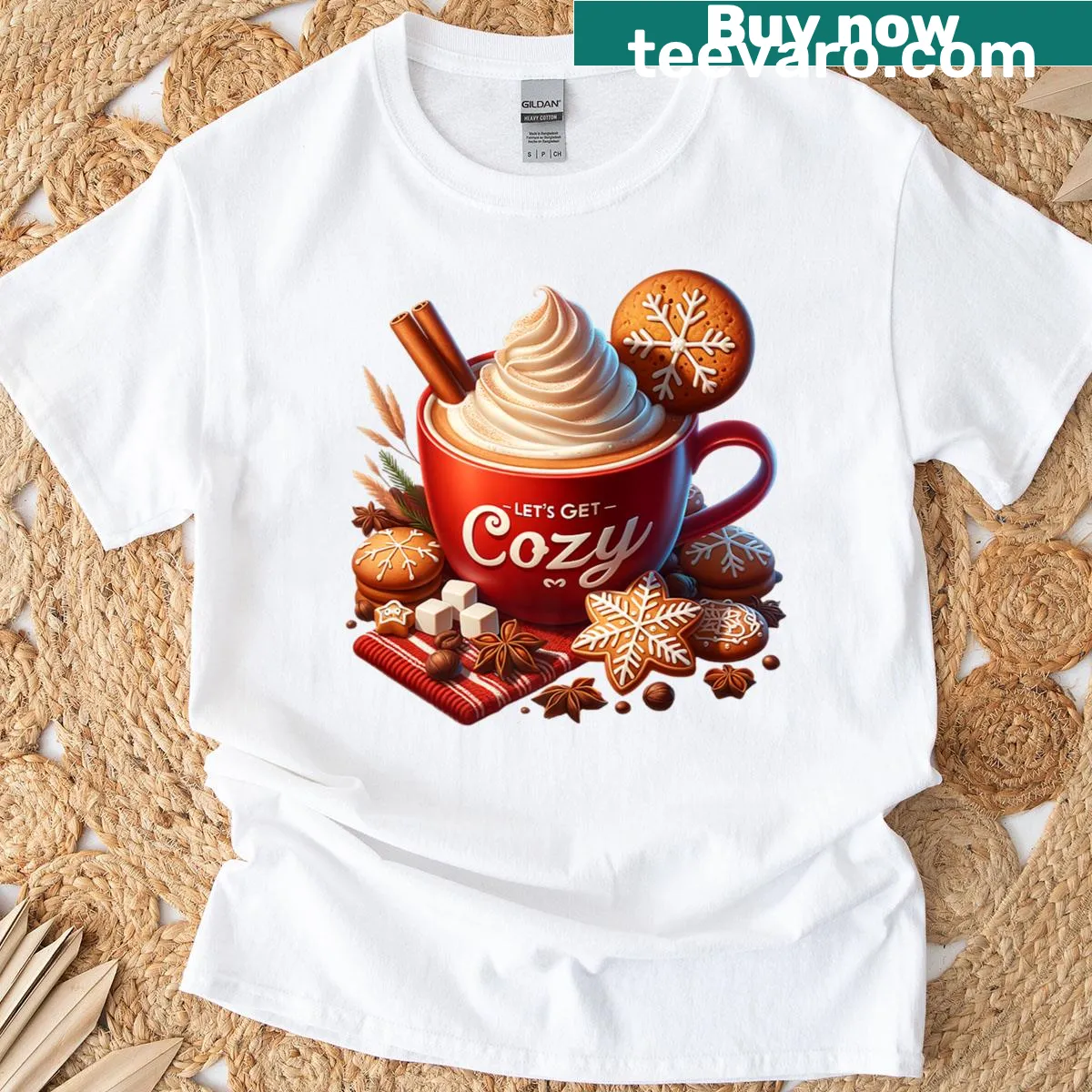 Cute Christmas-themed t-shirt featuring a cozy hot cocoa mug illustration — on a men's t-shirt