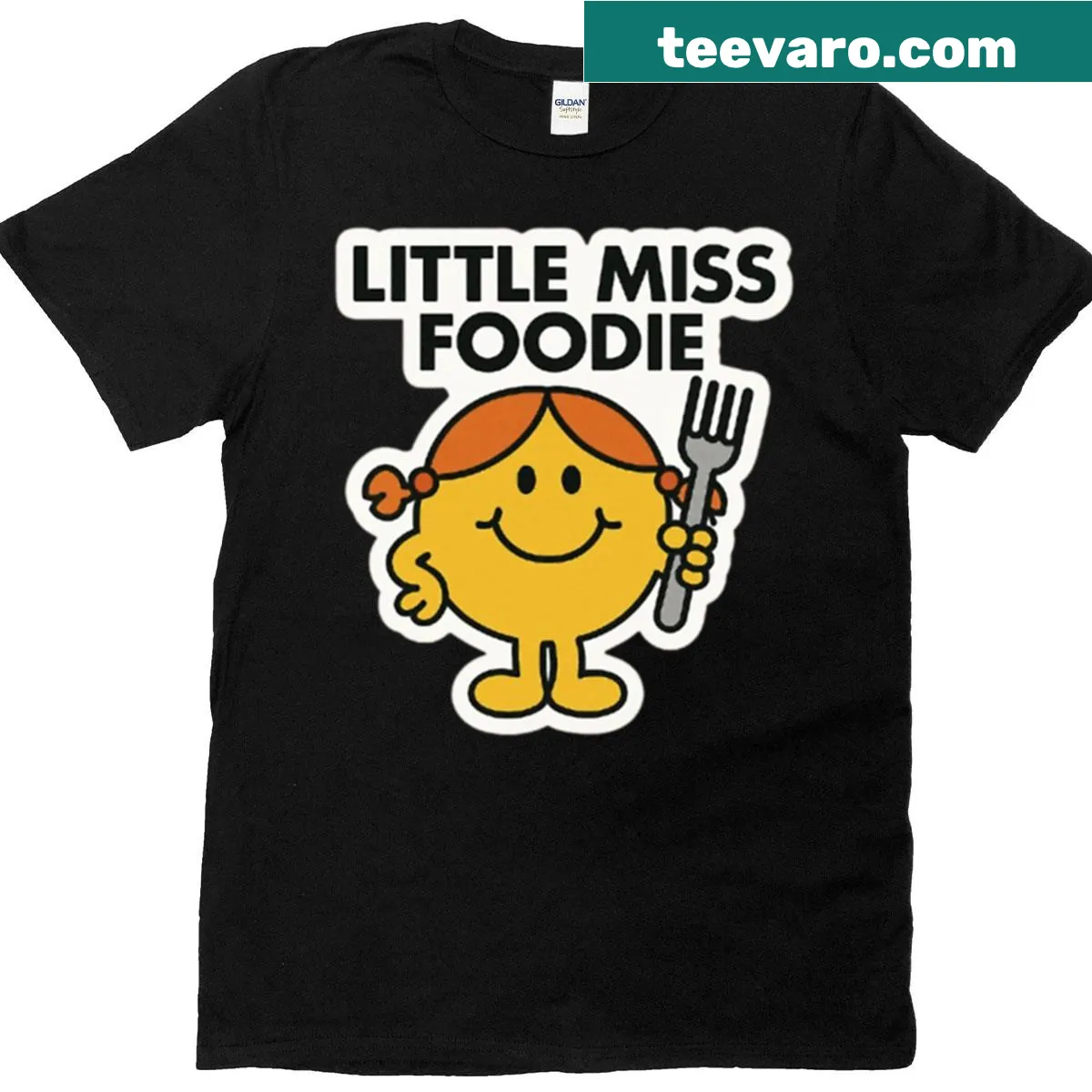 Cartoon Little Miss Foodie character t-shirt in yellow — on a men's t-shirt