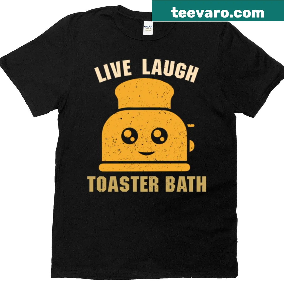 Humorous T-shirt with 'Live Laugh Toaster Bath' text — on a men's t-shirt