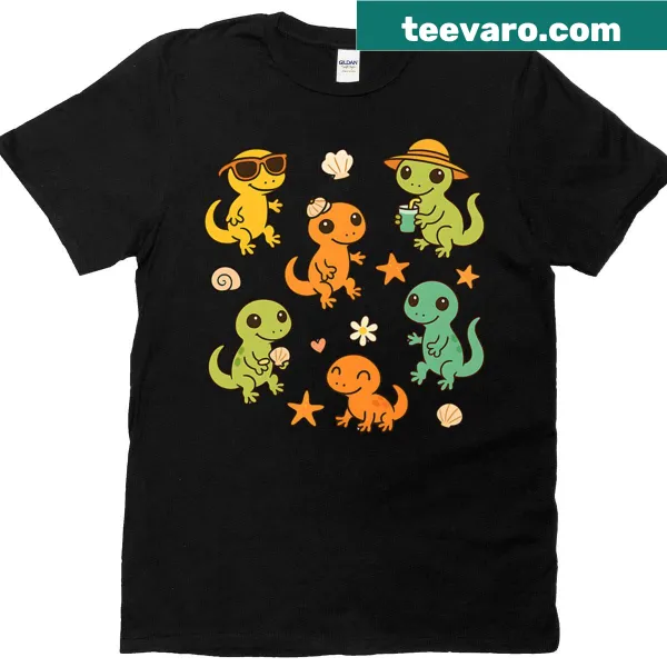 Cute lizard t-shirt with kawaii geckos and beach accessories