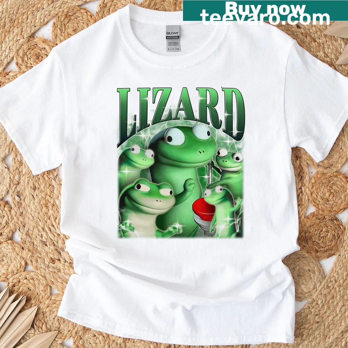 Humorous T-shirt with a collage of lizard memes for fans — on a men's t-shirt
