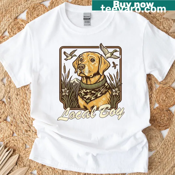 Vintage t-shirt featuring a yellow lab hunting in a sunset marsh scene