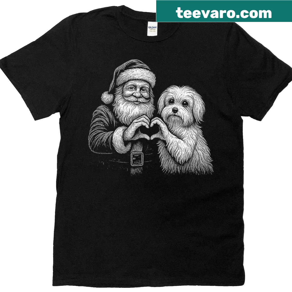 Christmas-themed t-shirt with a Maltese dog in Santa Claus attire — on a men's t-shirt
