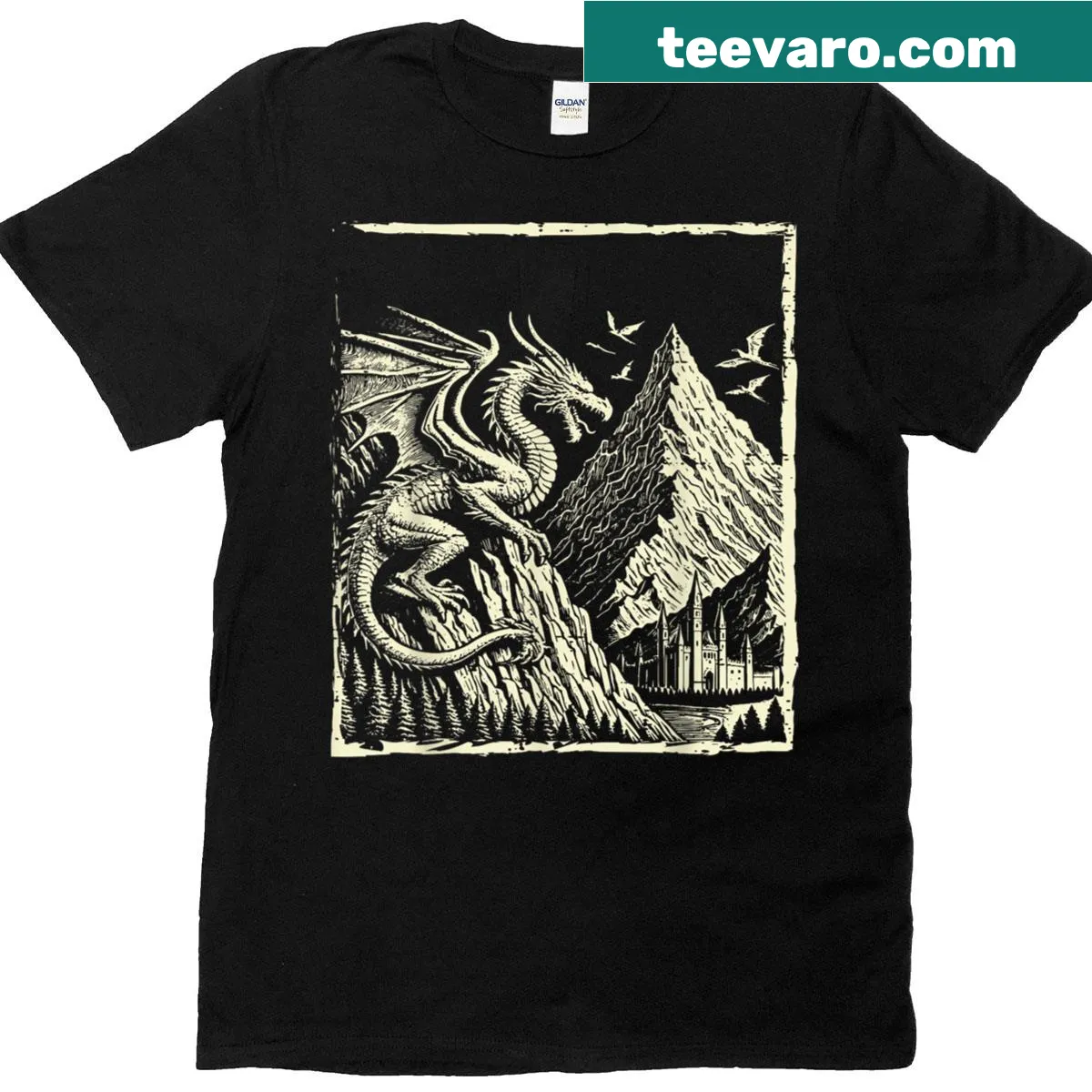 Illustrated Medieval Dragon and Castle T-shirt — on a men's t-shirt