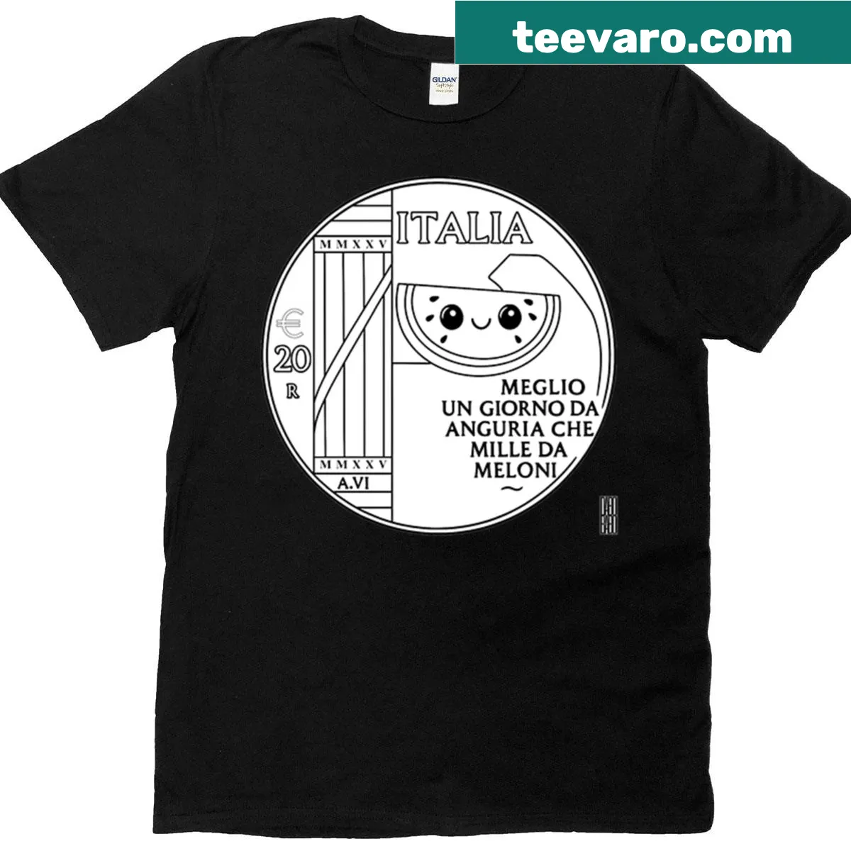 T-shirt with a whimsical Italian phrase about watermelons and melons — on a men's t-shirt