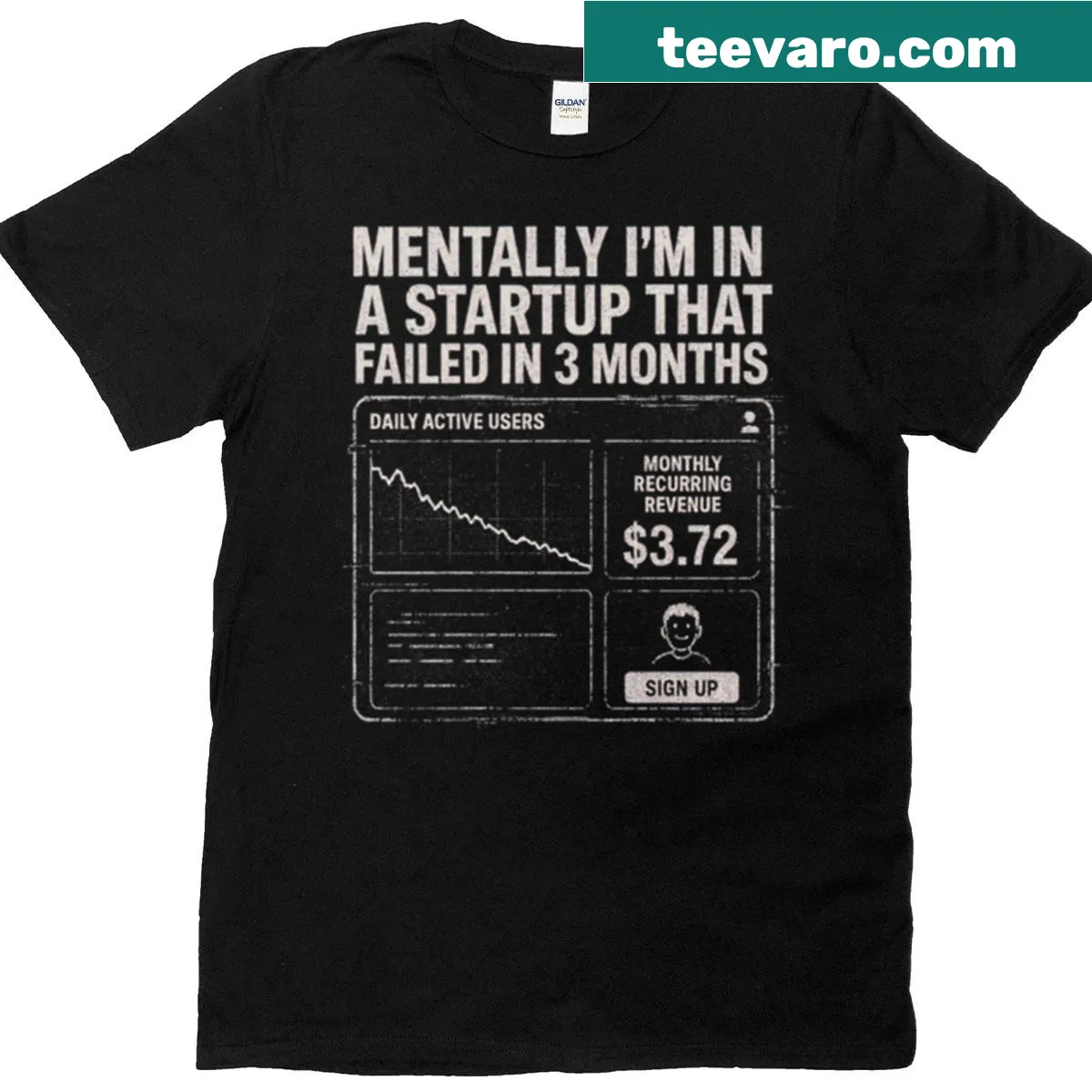 Edgy T-shirt with bold text about startup failure — on a men's t-shirt
