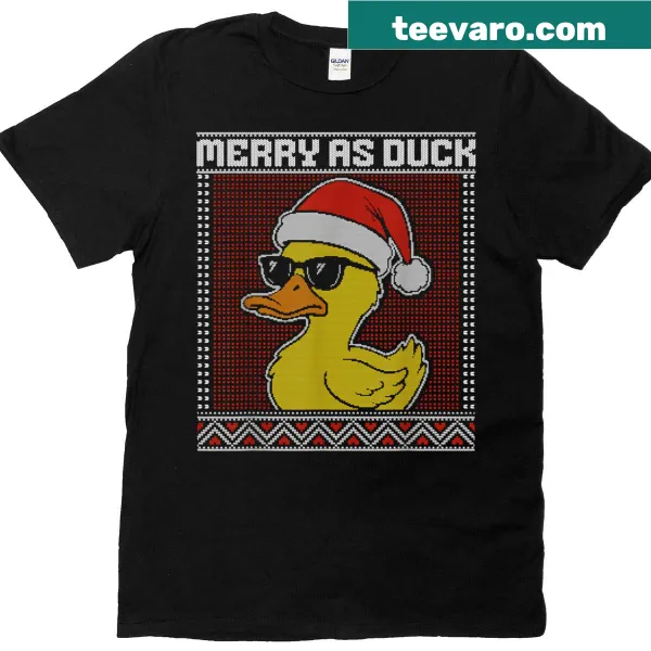 Cute cartoon duck in sunglasses on a Christmas t-shirt