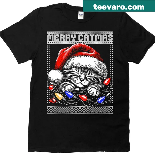 Cute illustrated Christmas cat with lights on a premium t-shirt