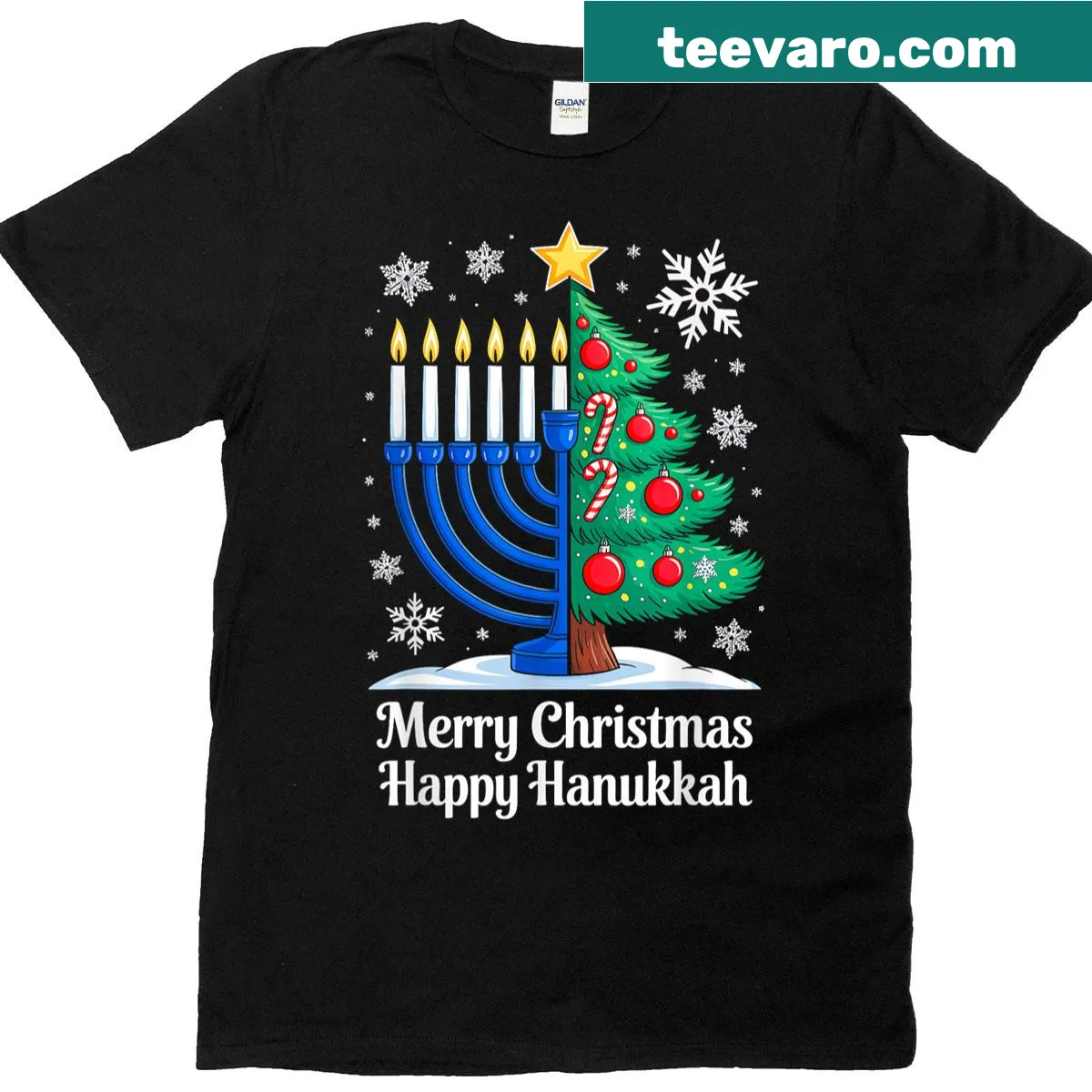 Matching family t-shirt celebrating Christmas and Hanukkah — on a men's t-shirt