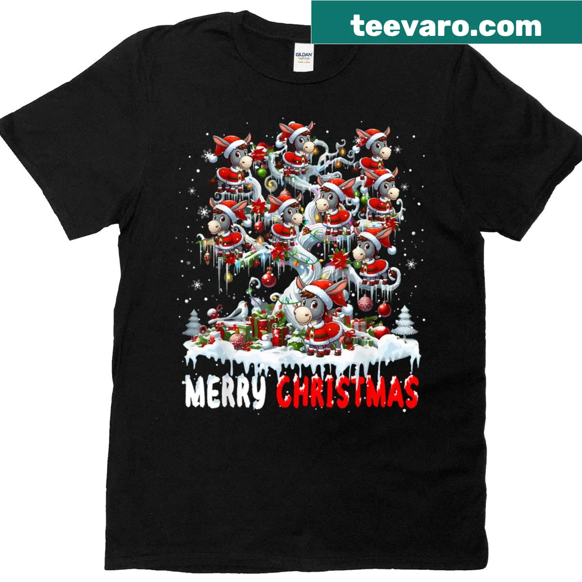 Santa and donkeys with floral accents T-shirt for Christmas — on a men's t-shirt