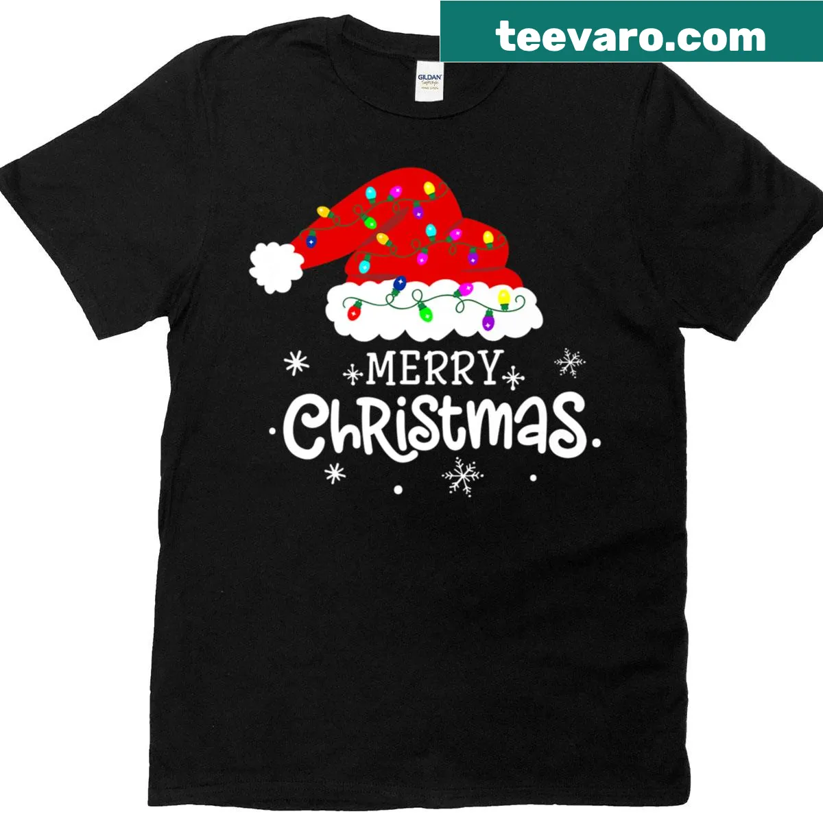 Red Santa hat with Christmas lights design on family t-shirt — on a men's t-shirt
