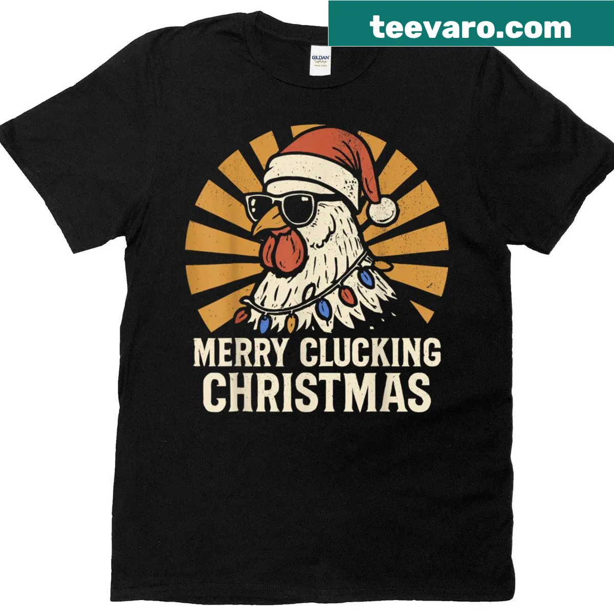 Retro Christmas shirt with chicken in sunglasses — on a men's t-shirt
