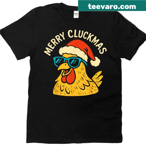 Vintage-style Merry Cluckmas chicken wearing sunglasses T-shirt