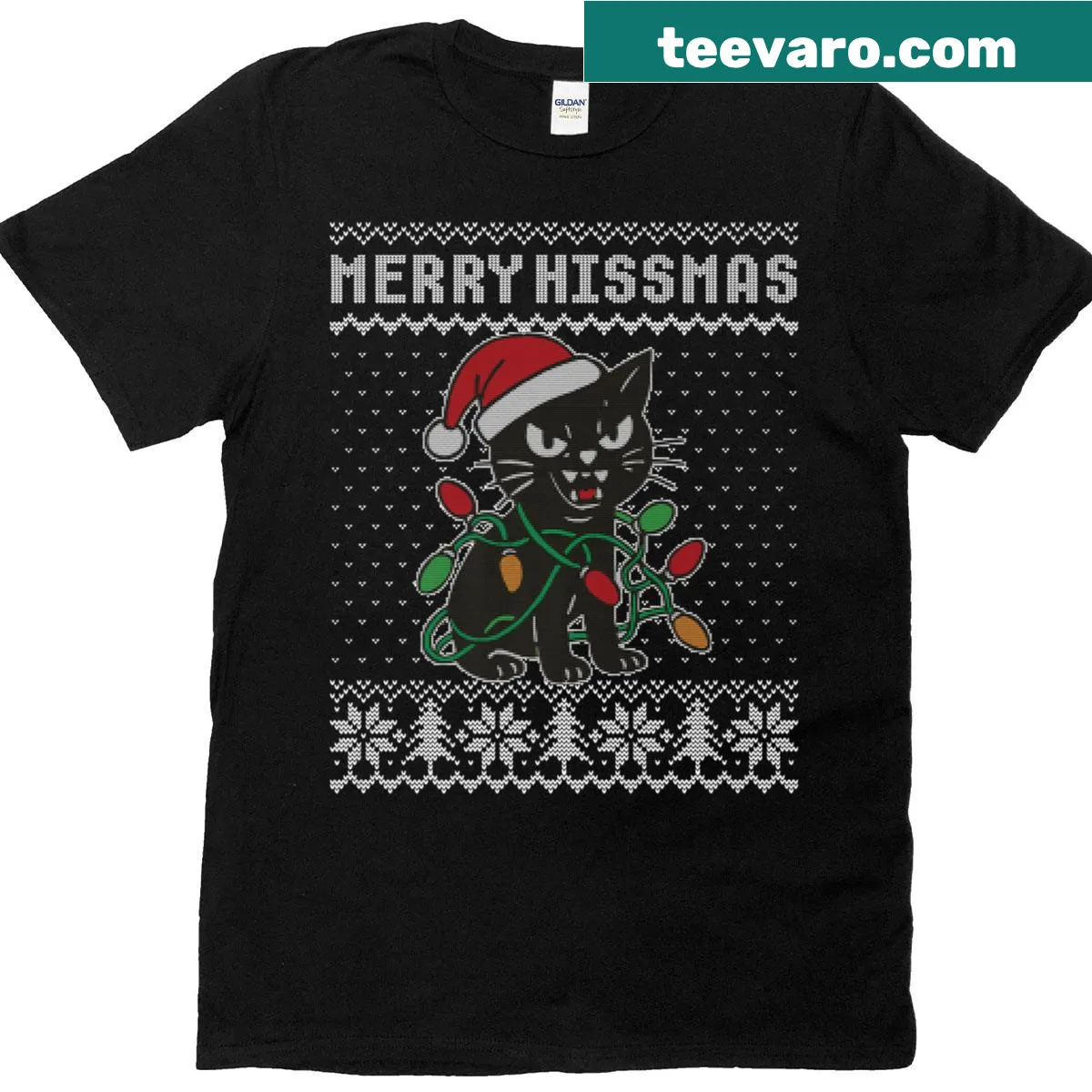 Funny Christmas Cat Hissing t-shirt with angry cat face graphic — on a men's t-shirt