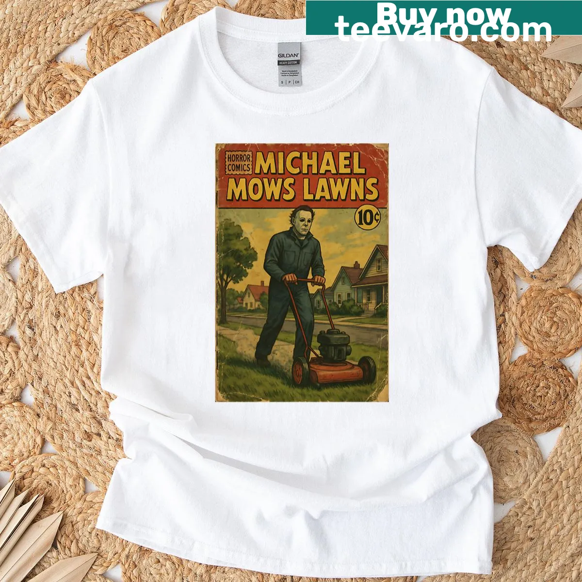 Humorous horror movie parody t-shirt with 'Michael Mows Lawns' text — on a men's t-shirt