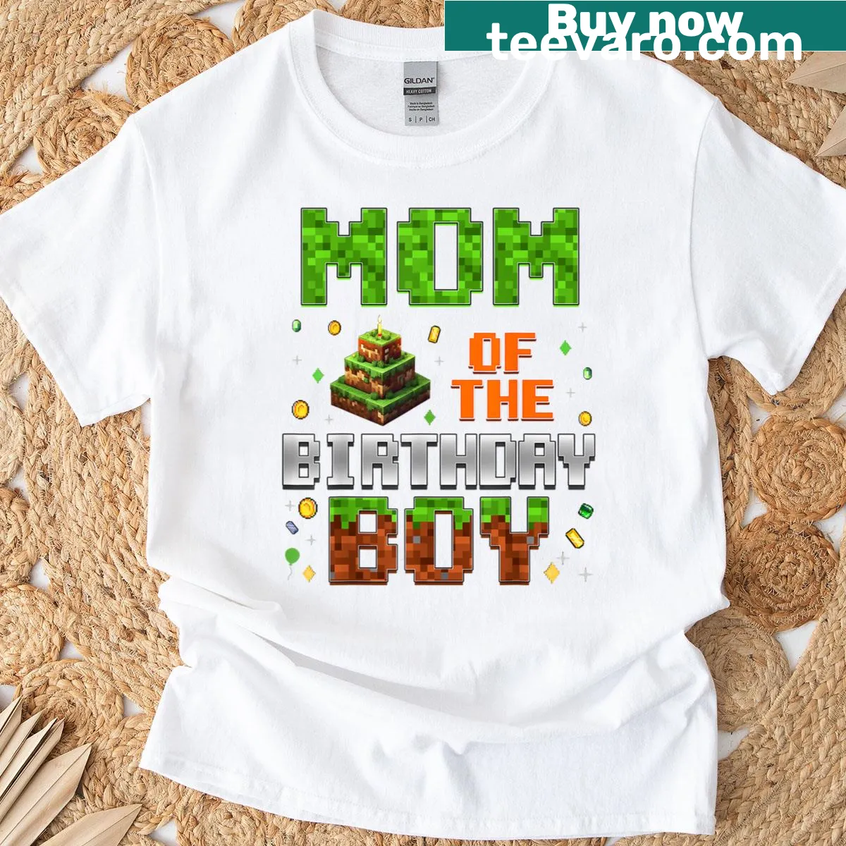 Pixel art t-shirt for mom of the birthday boy with fun graphic design — on a men's t-shirt