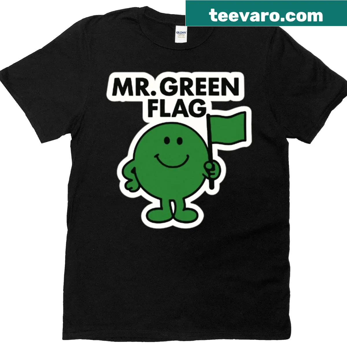 Funny tee featuring the Mr. Green Flag character in a comic style — on a men's t-shirt