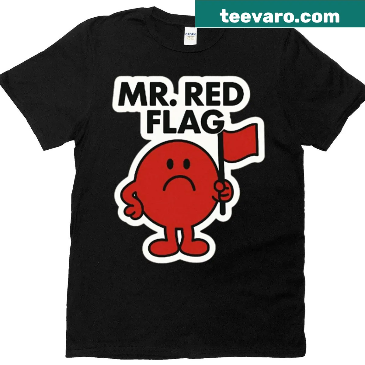 Cartoon meme T-shirt featuring Mr. Red Flag character for men — on a men's t-shirt