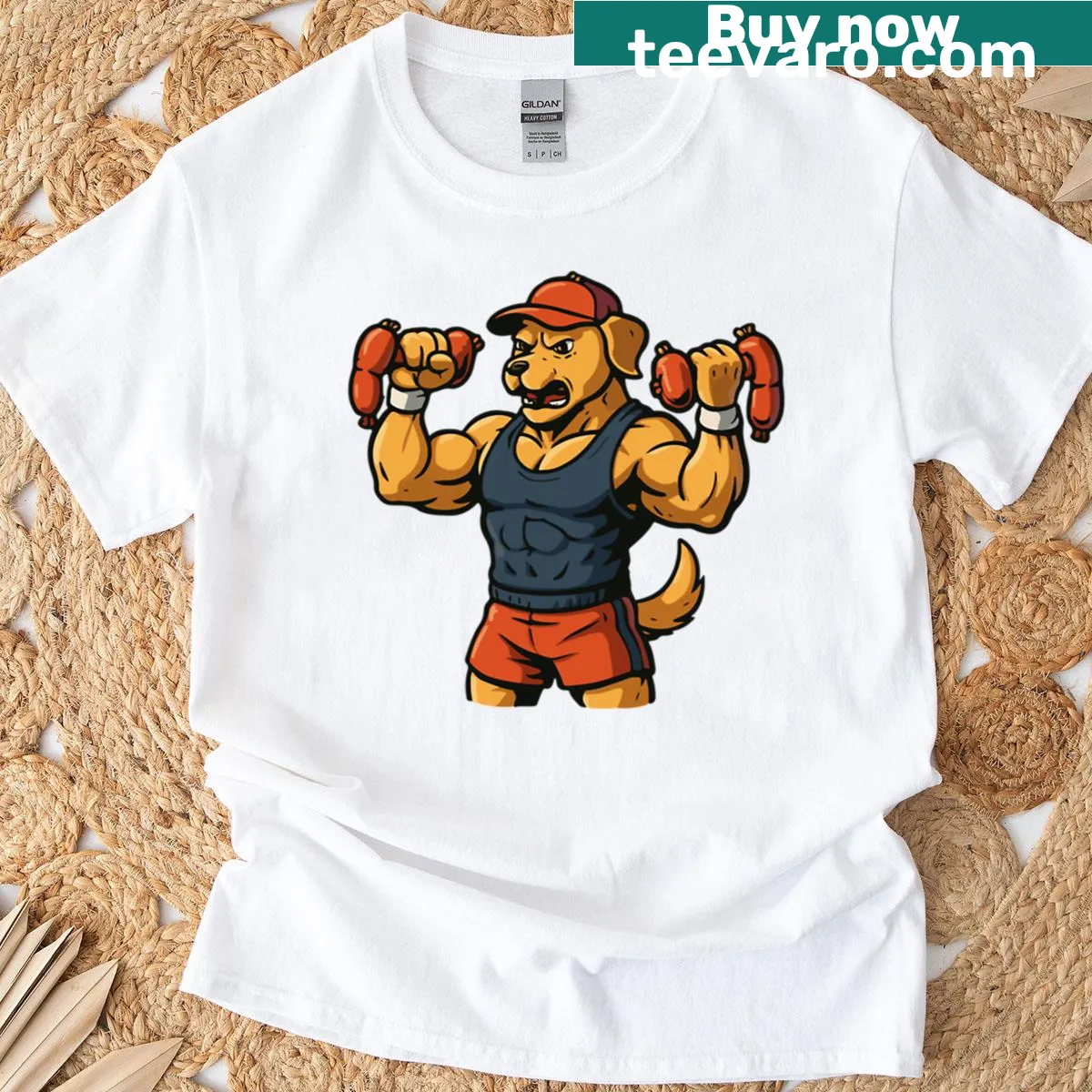 Cartoon dog lifting sausages, humorous gym-themed graphic — on a men's t-shirt