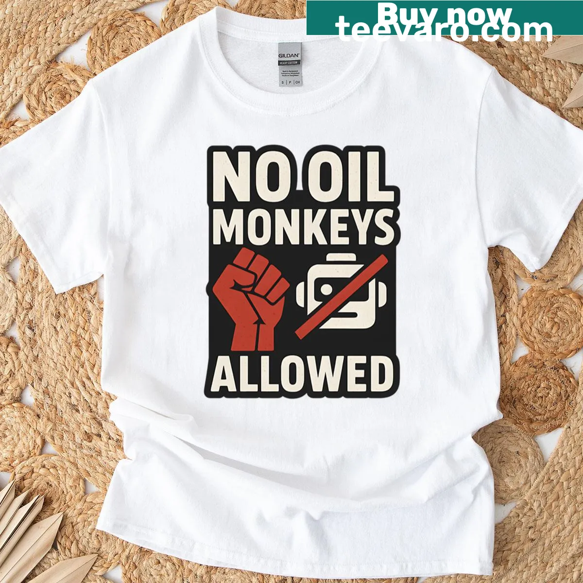 Sarcastic t-shirt with 'No Oil Monkeys Allowed' in bold typography — on a men's t-shirt
