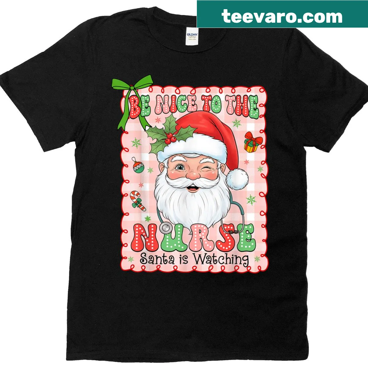 Nurse Christmas T-shirt with 'Be Nice To The Nurse Santa Is Watching' text — on a men's t-shirt