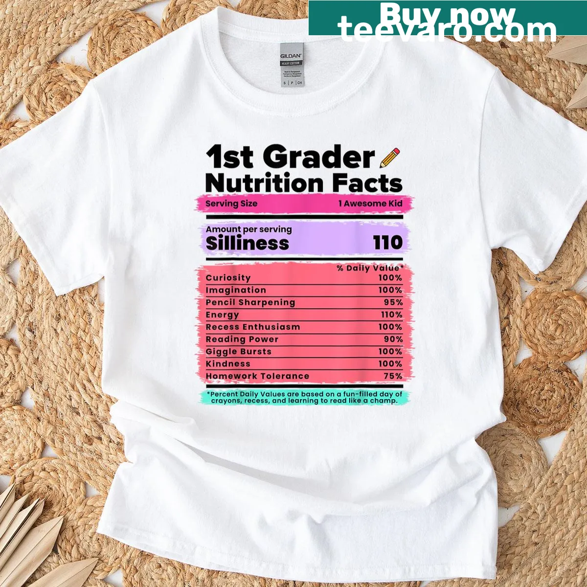 Funny t-shirt with nutrition facts for first graders — on a men's t-shirt