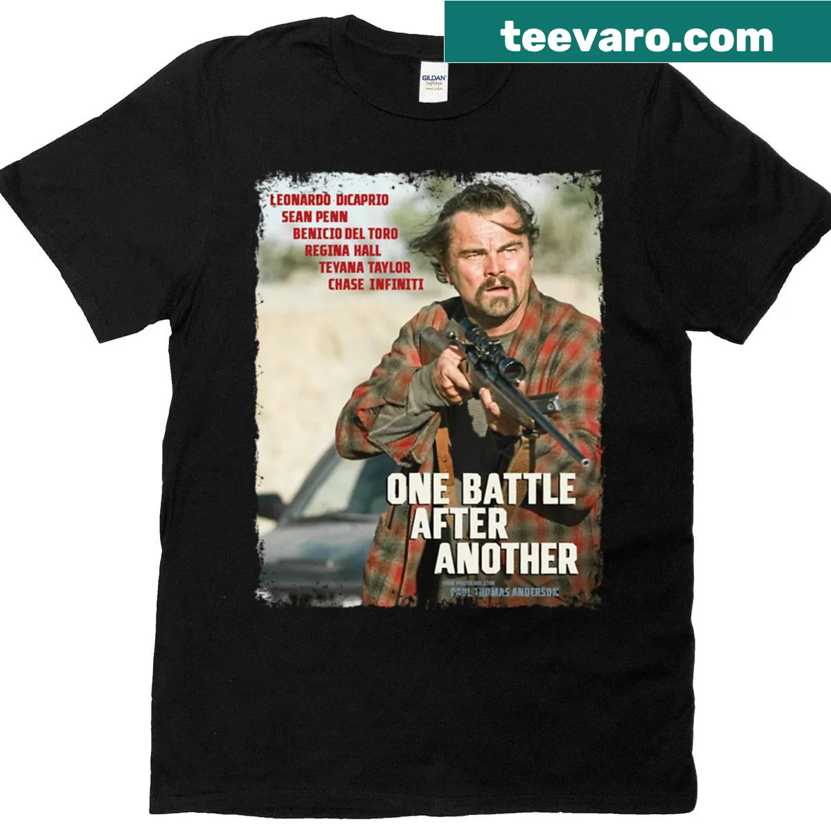 Bold text t-shirt with the phrase 'One Battle After Another' — on a men's t-shirt
