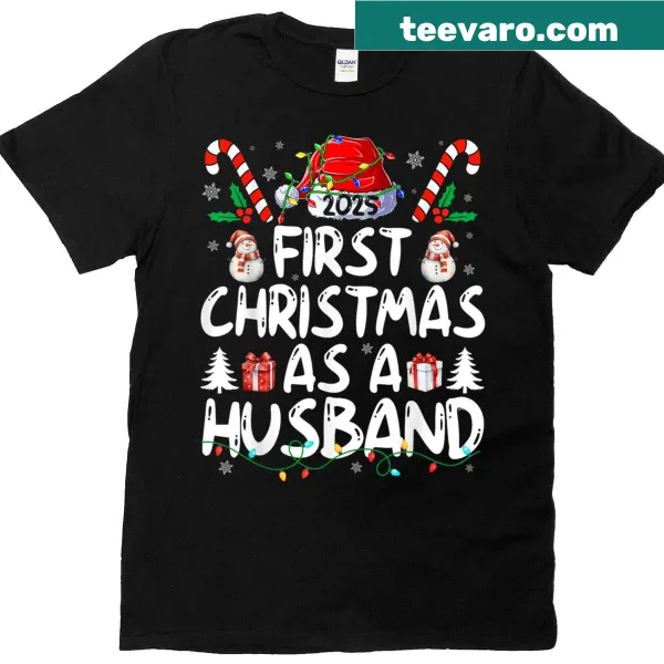 Couples T-shirt celebrating first Christmas as husband in 2025