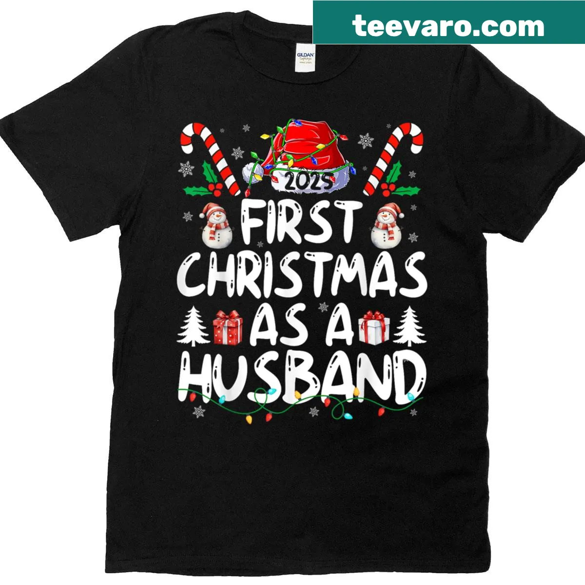 Couples T-shirt celebrating first Christmas as husband in 2025 — on a men's t-shirt