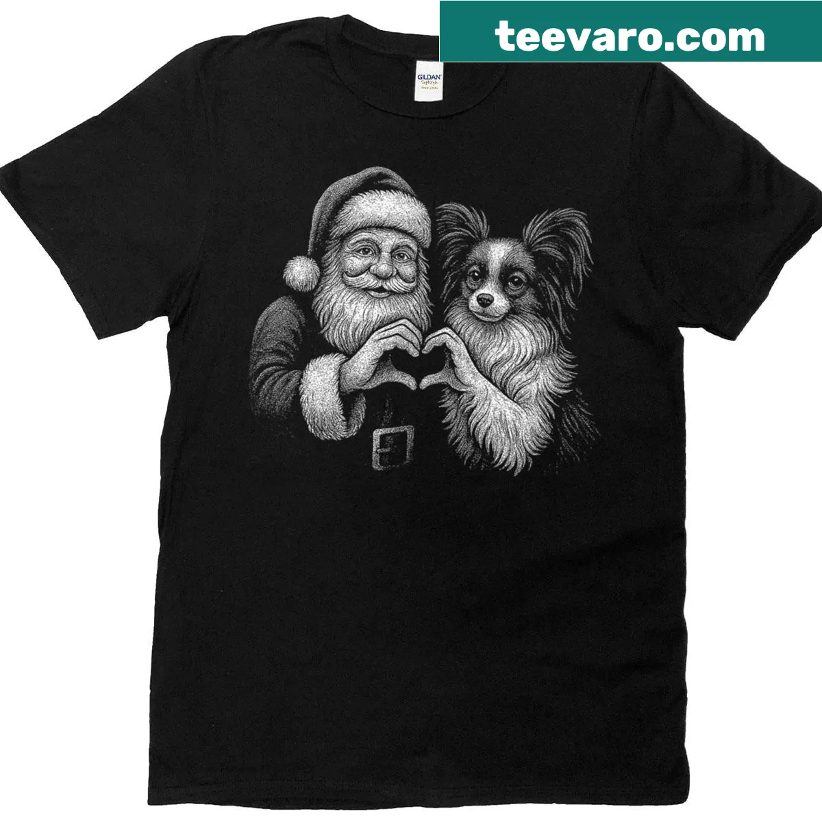 Papillon dog in Santa Claus attire in a heart design for Christmas — on a men's t-shirt