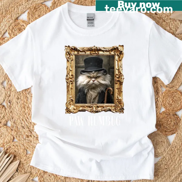 Funny Christmas t-shirt with "Paw Humbug" text and holiday frame