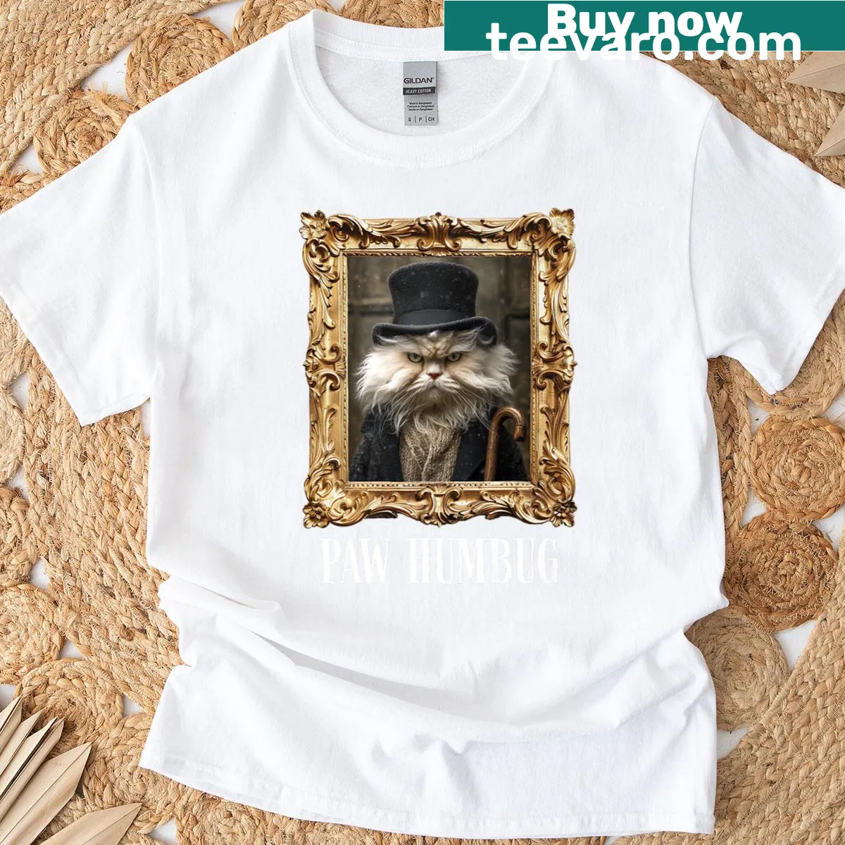 Funny Christmas t-shirt with "Paw Humbug" text and holiday frame — on a men's t-shirt