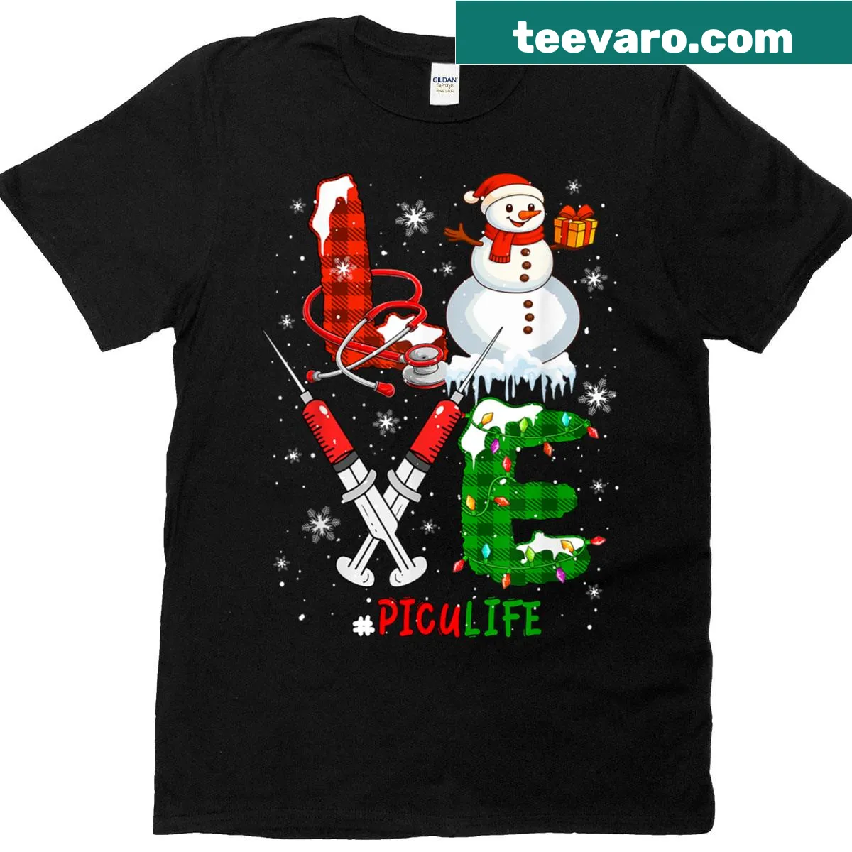Christmas-themed T-shirt with snowman, stethoscope, and nurse tools graphic. — on a men's t-shirt