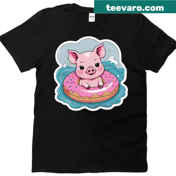 Cartoon pig in a donut floatie on a fun T-shirt