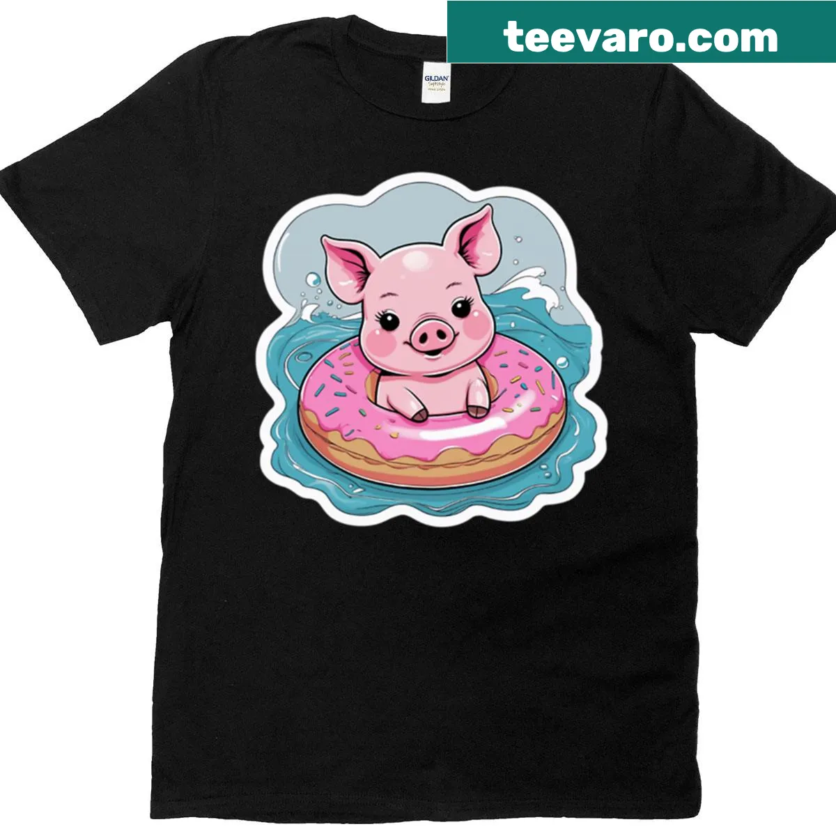 Cartoon pig in a donut floatie on a fun T-shirt — on a men's t-shirt