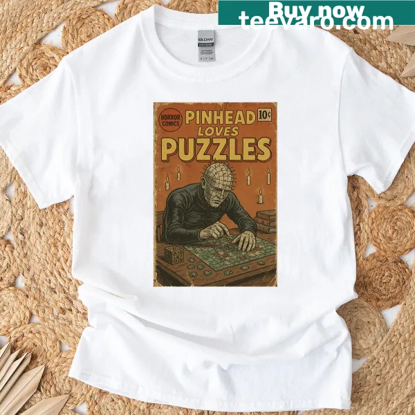 Horror parody t-shirt featuring a character with puzzle elements.