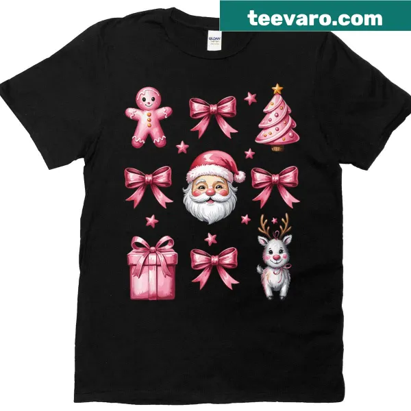 Cute Christmas theme T-shirt featuring a bow, tree, gingerbread, and reindeer