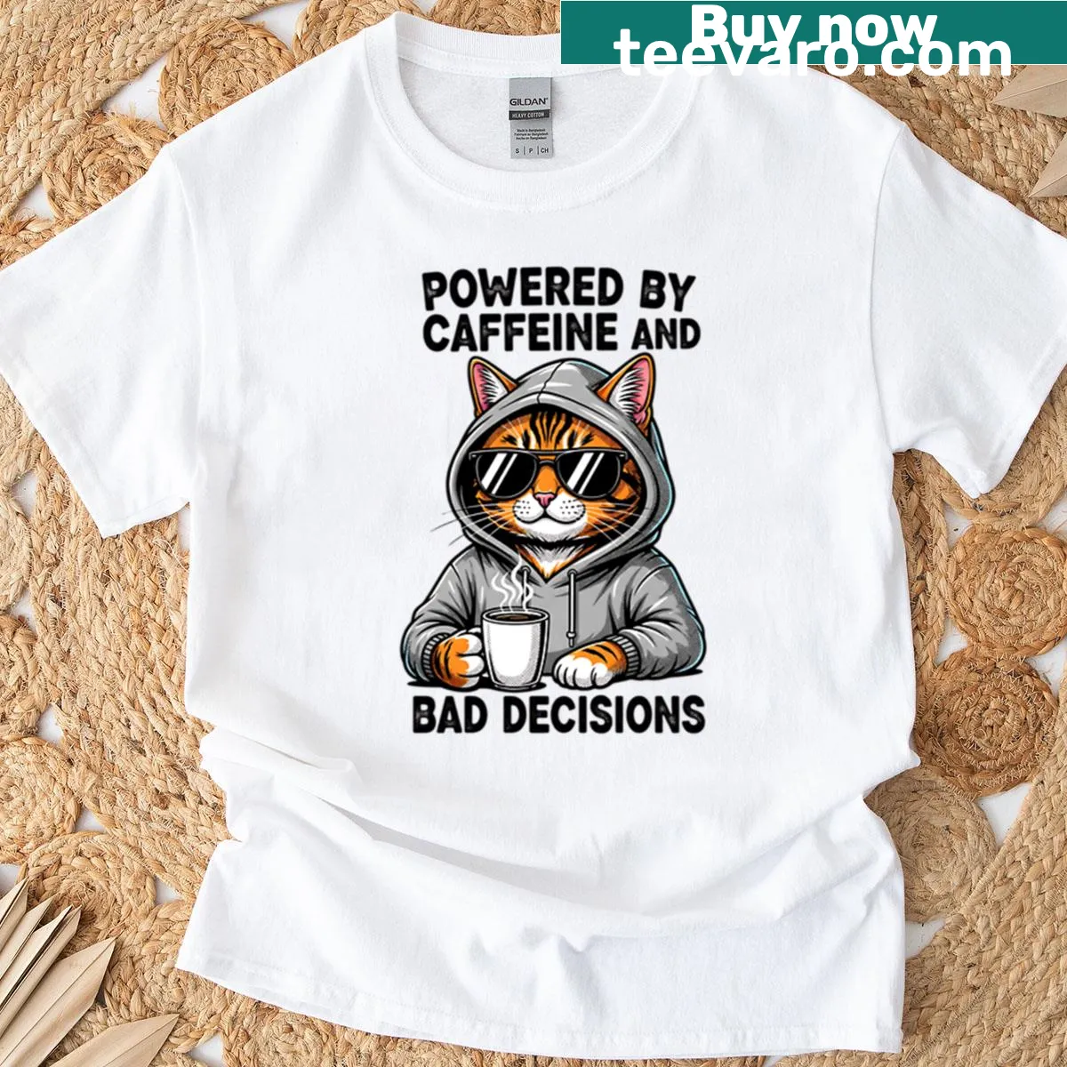 Funny coffee-loving cat graphic on t-shirt — on a men's t-shirt
