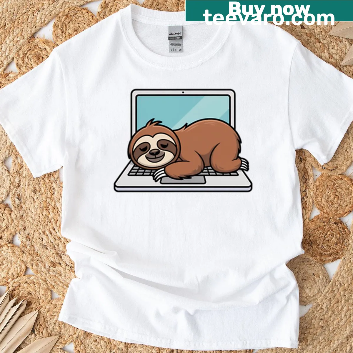 Funny sloth on laptop graphic t-shirt for procrastinators — on a men's t-shirt