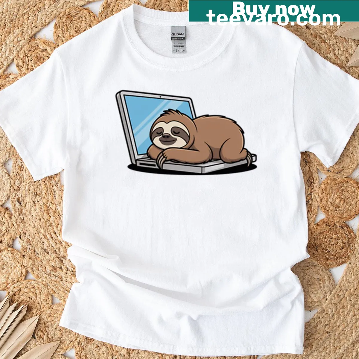 Illustration of a sloth on a laptop on a t-shirt — on a men's t-shirt