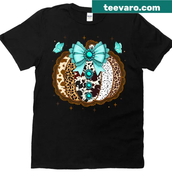 Fall-themed t-shirt featuring a pumpkin with bow, lace, and butterfly design