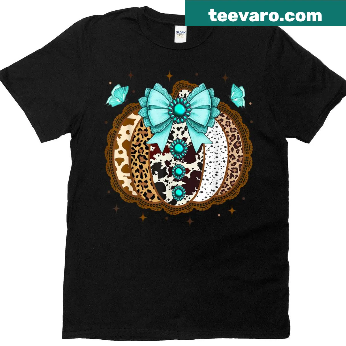 Fall-themed t-shirt featuring a pumpkin with bow, lace, and butterfly design — on a men's t-shirt