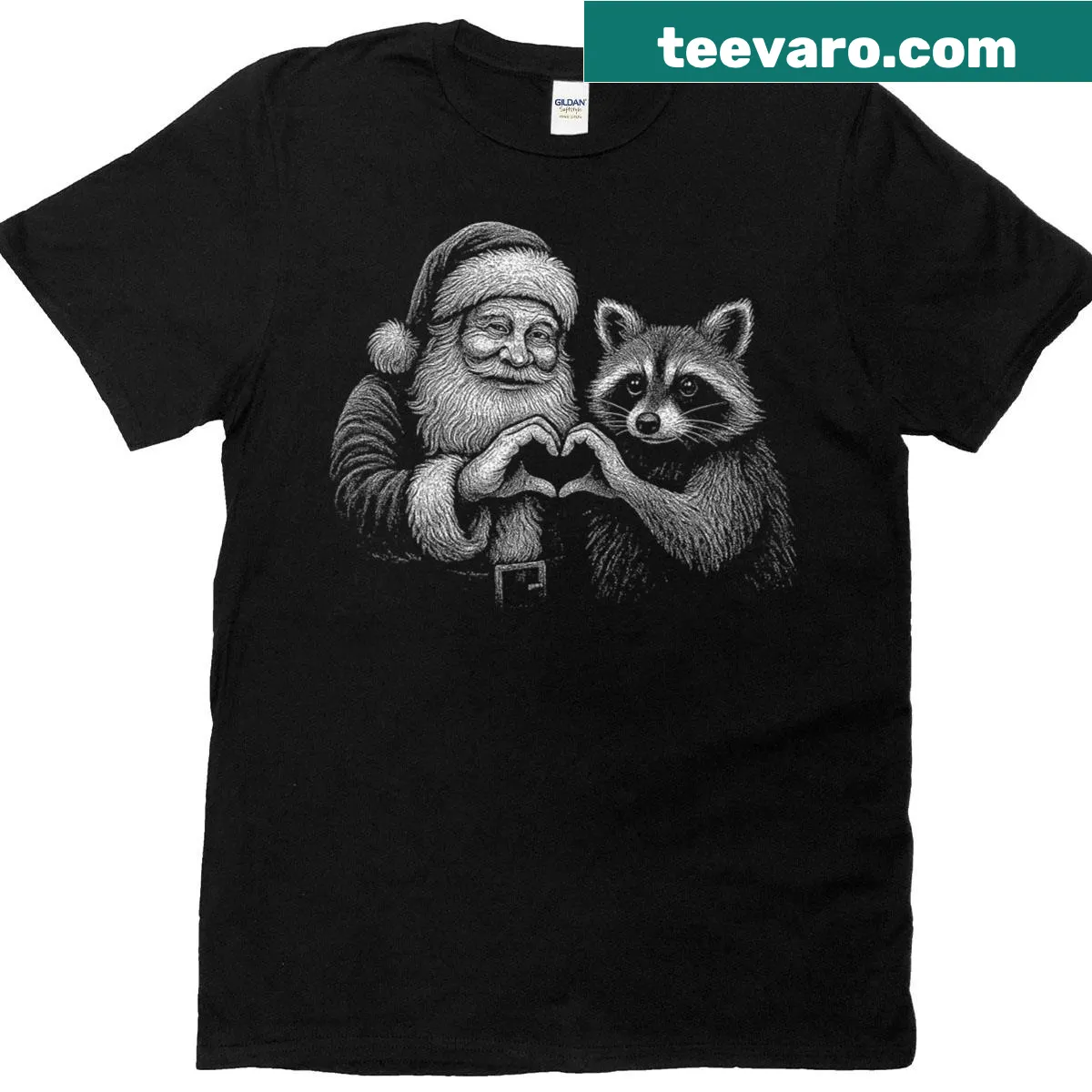 Christmas T-shirt featuring a raccoon dressed as Santa Claus in heart shape — on a men's t-shirt
