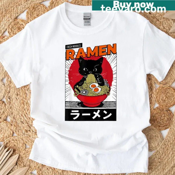 Retro anime t-shirt with a cat and ramen noodles graphic